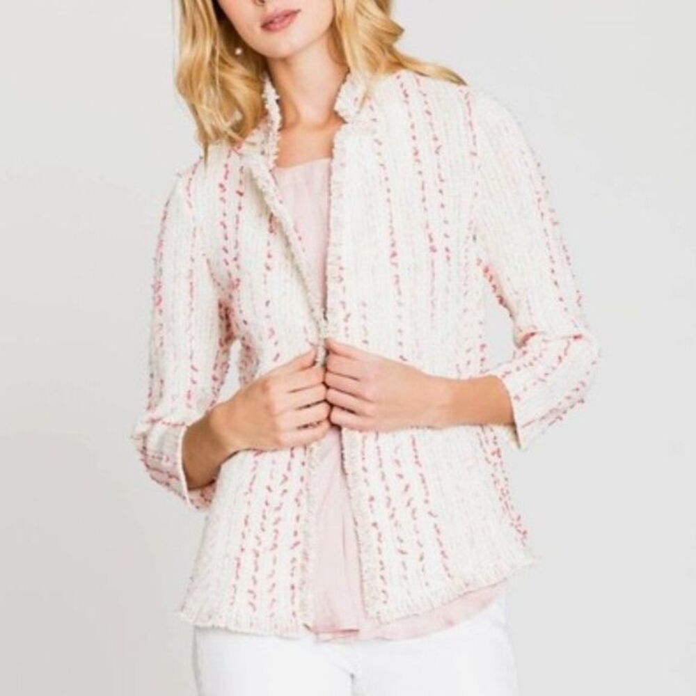 NIC+ZOE Cream Tweed Fringe Open Front Cardigan XXL NWT Boucle Knit